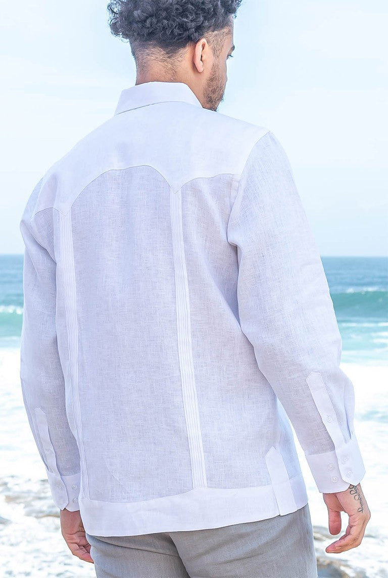White Guayabera Shirt Back View White w/White Embroidery