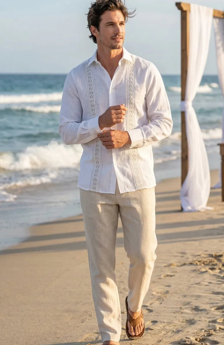 Butterfly Havana Italian Linen Guayabera Shirt, White w/Silver Gray Embroidery
