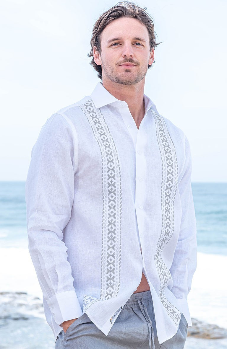 Butterfly Linen Wedding Shirt White w/Steel Gray Embroidery, Steel Gray Velero Pants