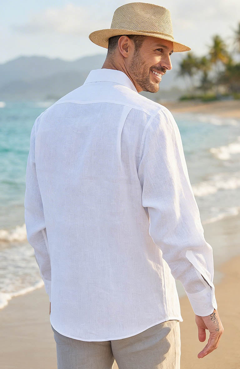 White Bradford Back View, White w/White Embroidery Round Hem, Latte Verona Pants
