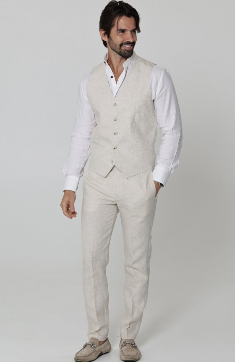 Monaco Vest in Natural, White Bradford, Natural Verona Linen Pants