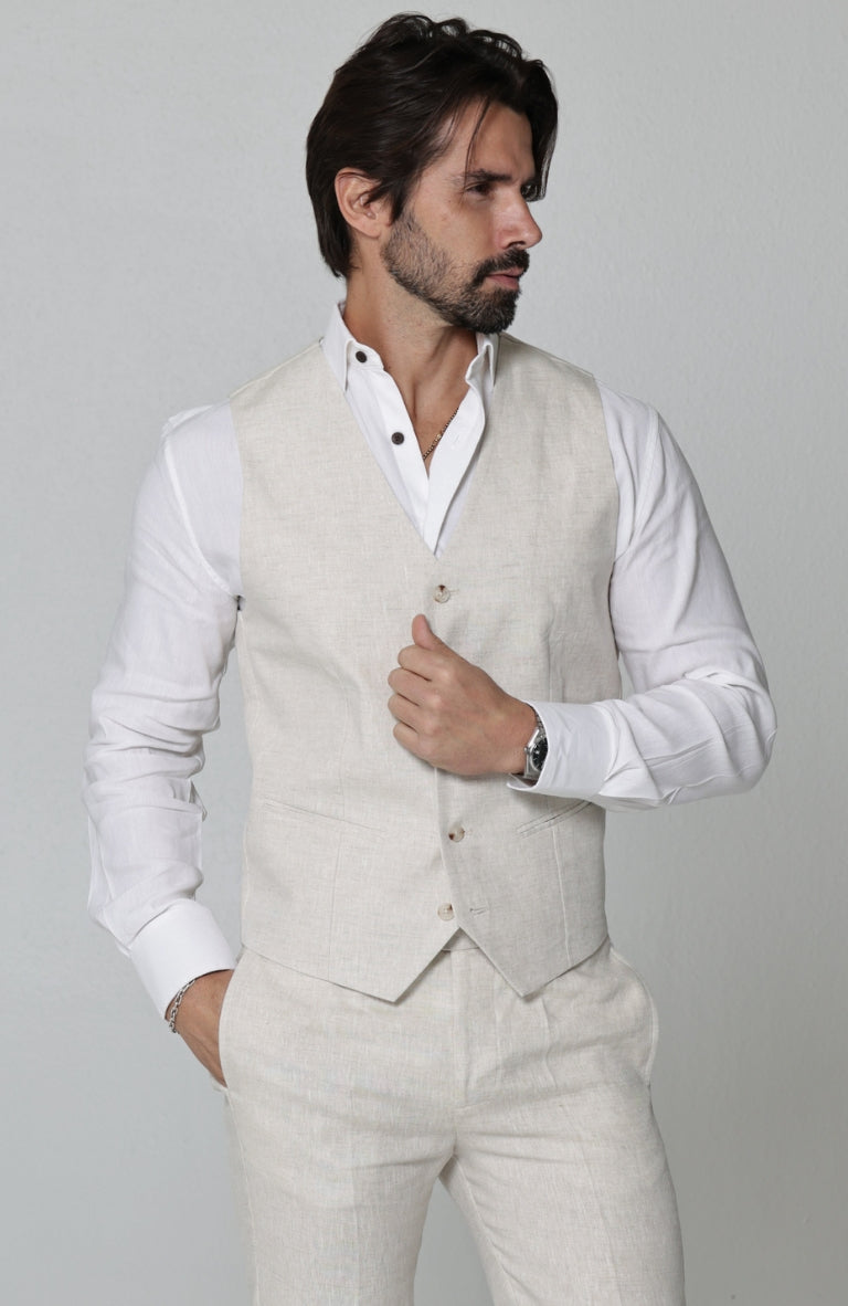 Monaco Vest in Natural, White Bradford, Natural Verona Linen Pants