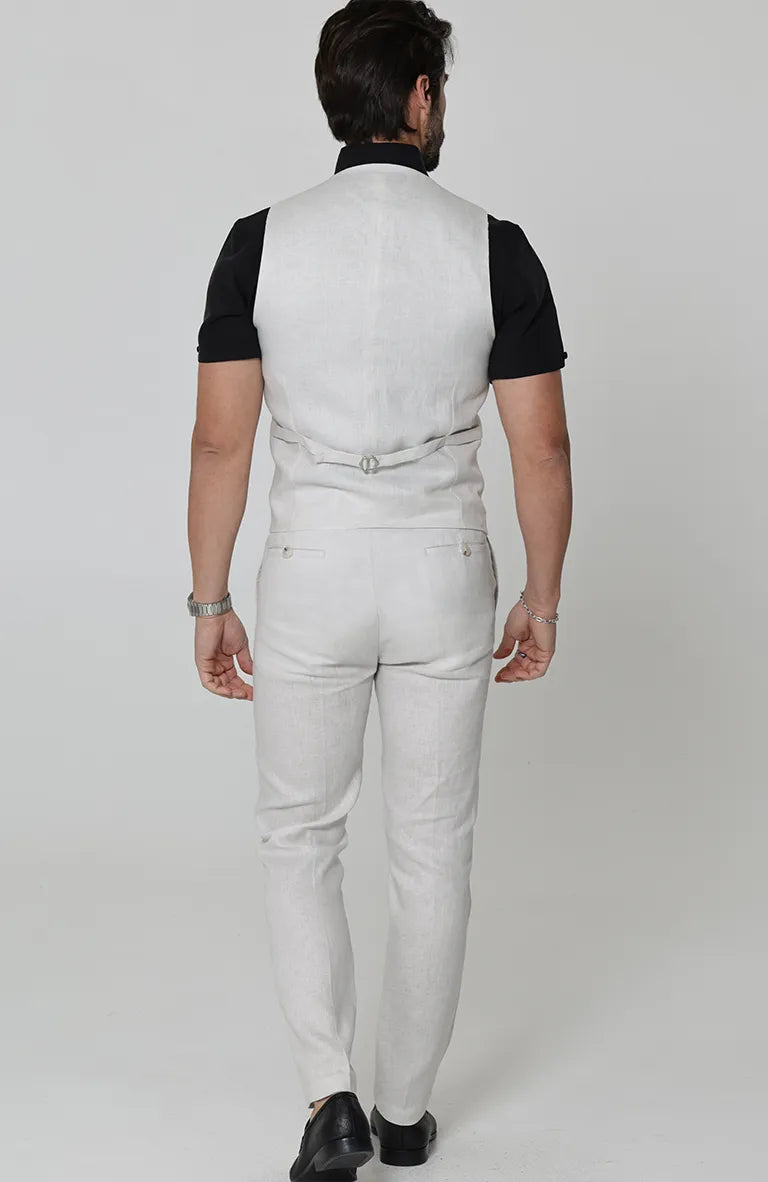 Monaco Italian Linen Vest in Light Sand, Bradford Italian Linen Shirt in Black with Verona Italian Linen Pants in Light Sand
