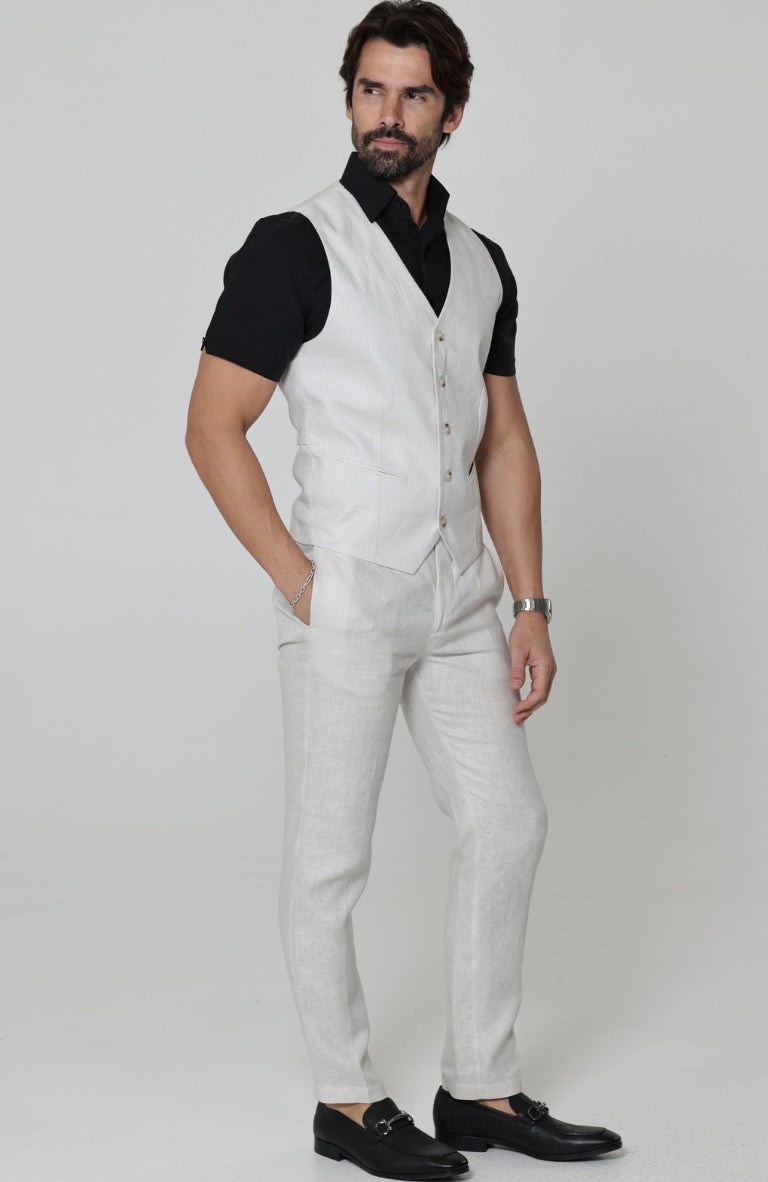 Monaco Italian Linen Vest in Light Sand, Bradford Italian Linen Shirt in Black with Verona Italian Linen Pants in Light Sand
