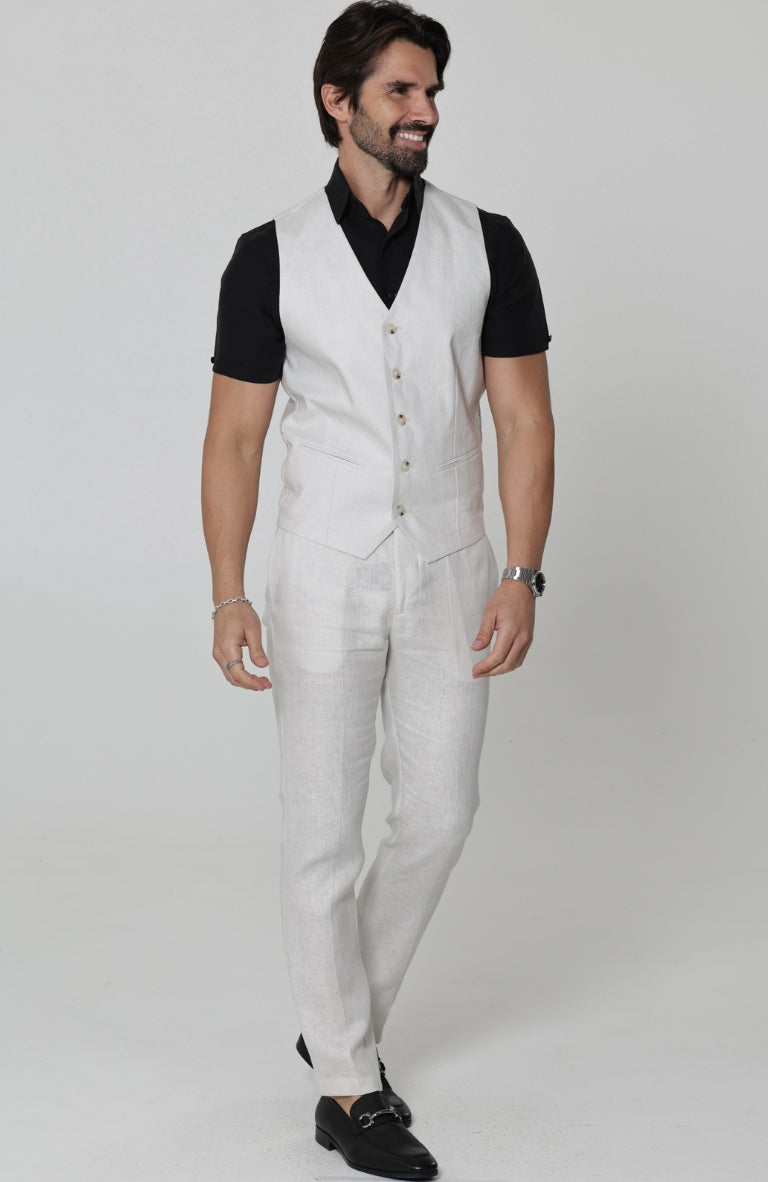 Monaco Italian Linen Vest in Light Sand, Bradford Italian Linen Shirt in Black with Verona Italian Linen Pants in Light Sand