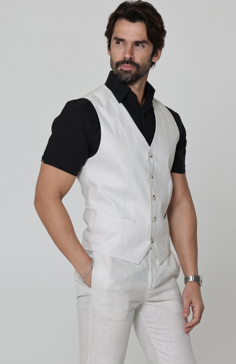 Monaco Italian Linen Vest in Light Sand, Bradford Italian Linen Shirt in Black with Verona Italian Linen Pants in Light Sand