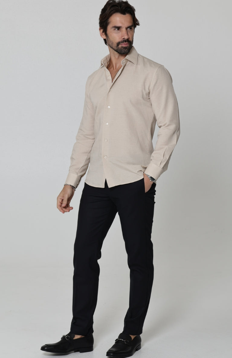 Beckford Linen Wedding Shirt in Ecru, with Black Linen Verona Pants