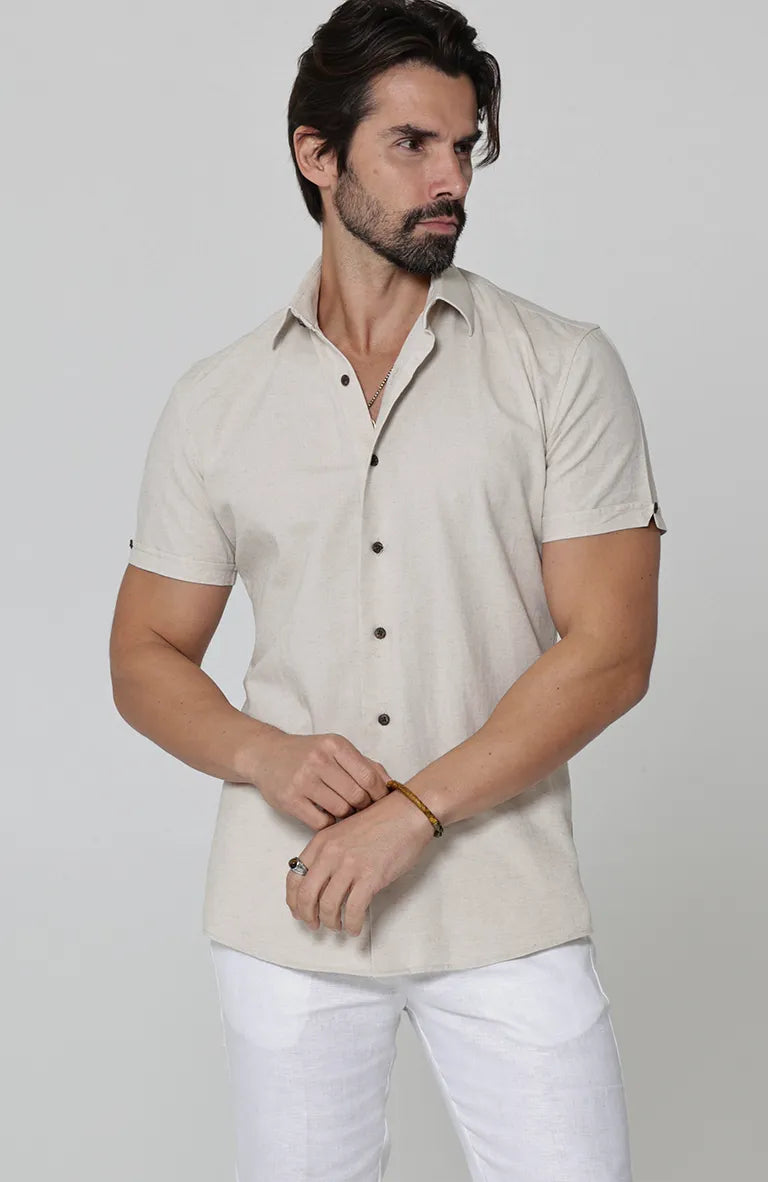 Beckford Italian Linen Shirt in Natural and Coconut Buttons, White Verona Pants