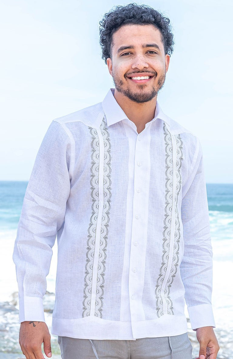 Colima Linen Wedding Guayabera Shirt White w/Steel Gray Embroidery, Steel Gray Velero Pants