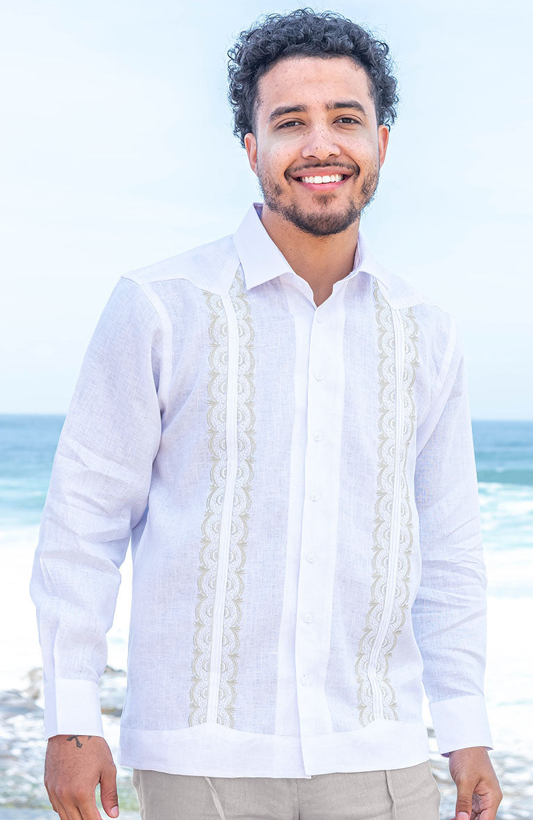 Colima Linen Wedding Guayabera Shirt White w/Natural Embroidery