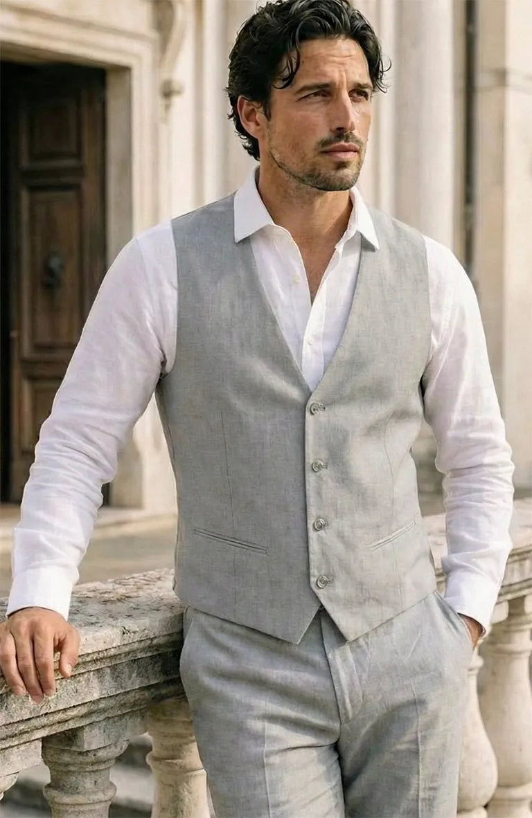 Monaco Linen Vest in Steel Gray with Verona Italian Linen Pants in Steel Gray