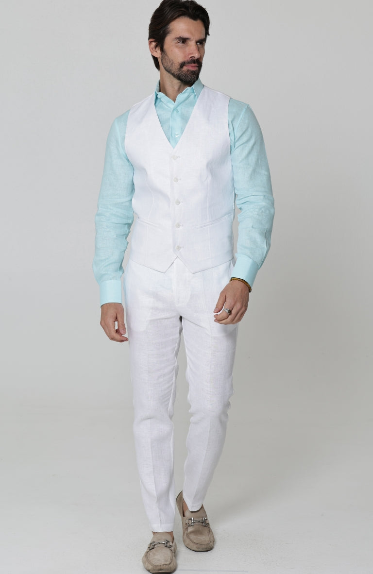 Monaco Linen Vest in White, with White Verona Pants