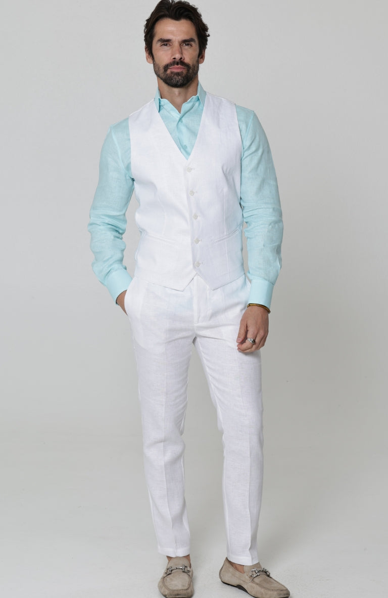 Monaco Linen Vest in White, with White Verona Pants