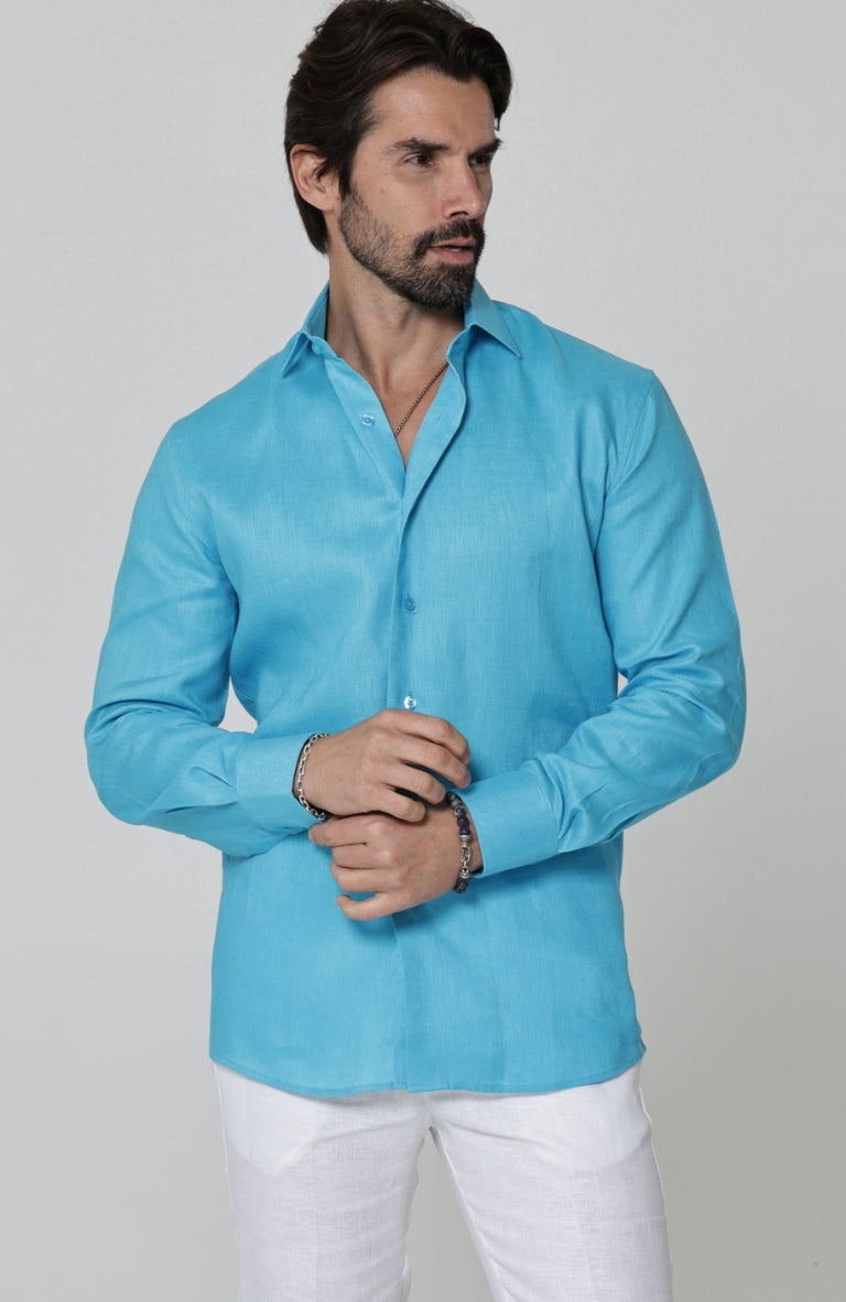 Bradford Italian Linen Shirt in Malibu with White Verona Italian Linen Pants