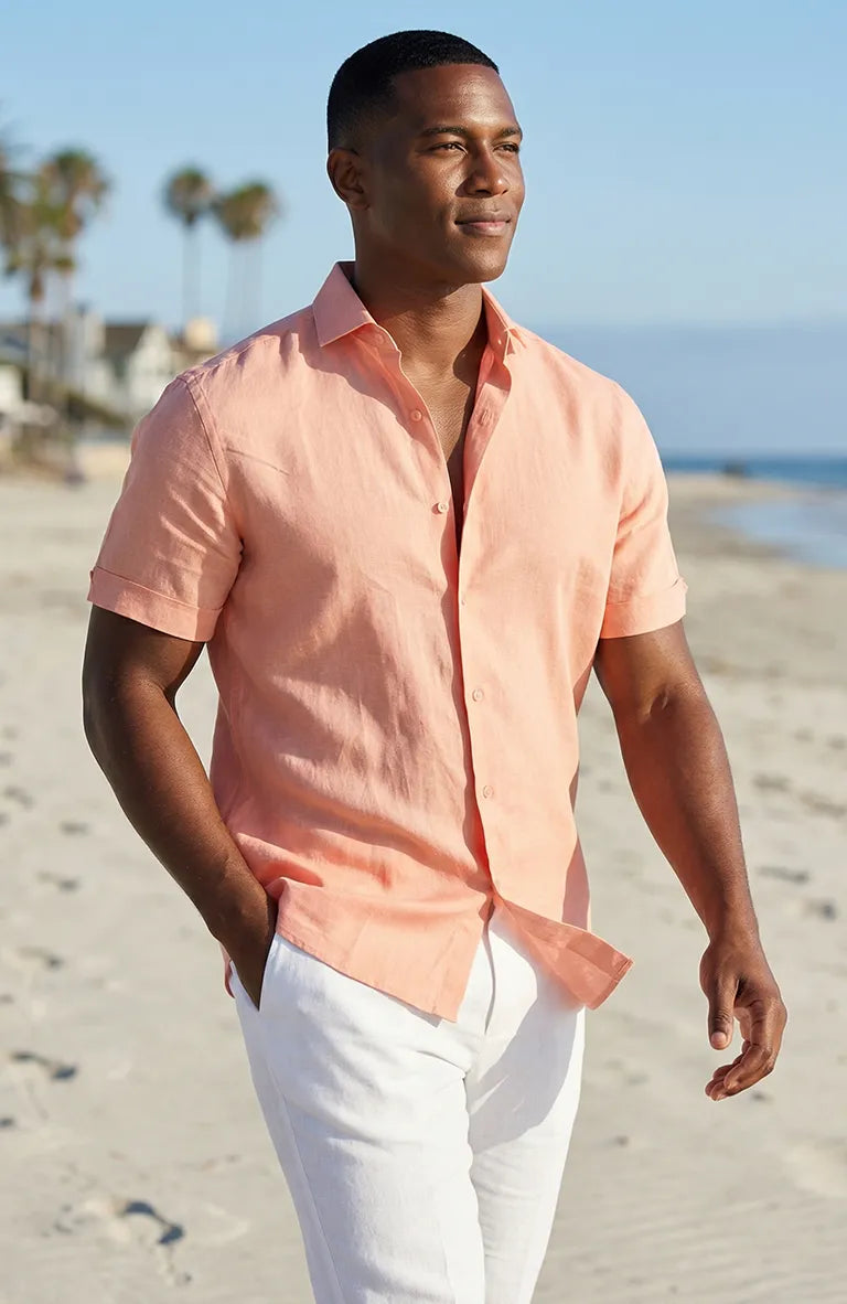 Bradford Short Sleeve Linen Beach Shirt in Peach