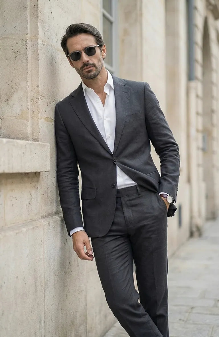 Charcoal Monte Carlo Linen Suit Jacket, Dark Gray / Charcoal Verona Pants 